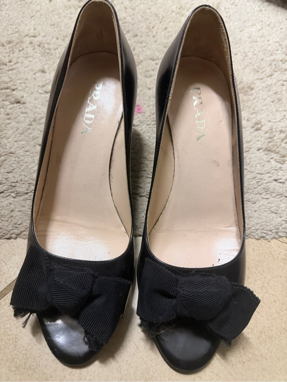 Prada Black Bow Peep-Toe Pumps from Florence Italy